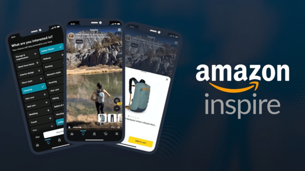 Trois écrans de smartphone montrant l'application Amazon Inspire, mettant en avant la personnalisation des intérêts, des produits de randonnée et des options d'achat.