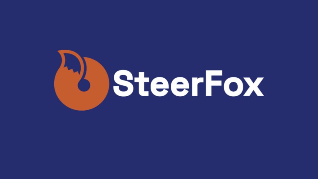 Logo steerfox blanc et orange sur fond bleu