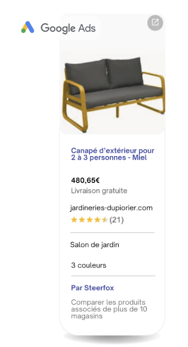 Publicité Google Ads pour un canapé d'extérieur 2 à 3 personnes, de couleur miel, proposé à 480,65 € avec livraison gratuite. Produit affiché par Jardineries Dupiorier, noté 4,7 étoiles sur 21 avis, disponible en 3 couleurs.