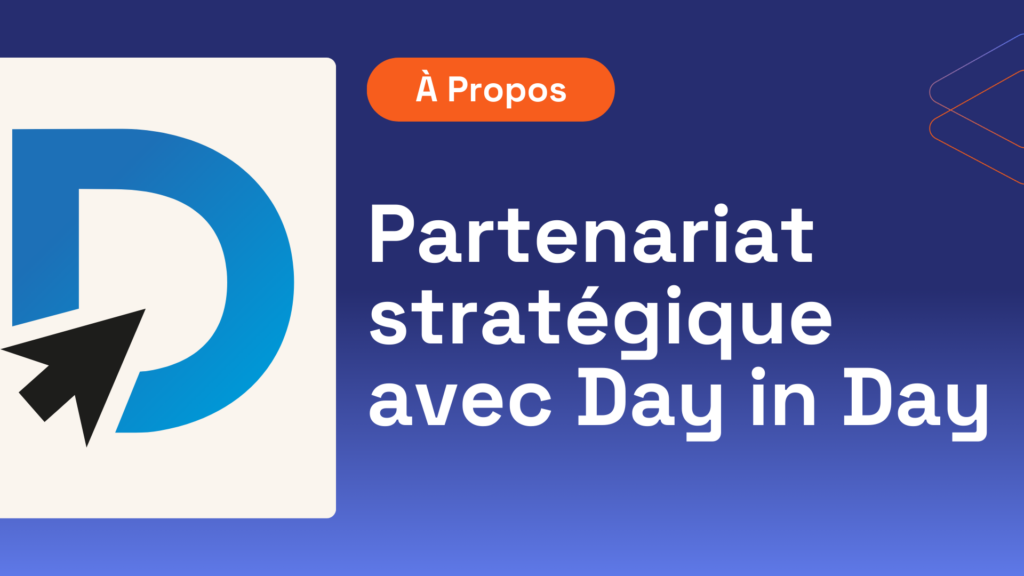 Visuel illustrant le partenariat stratégique entre SteerFox et DayinDay, avec un logo stylisé et un titre en lettres blanches sur fond bleu.