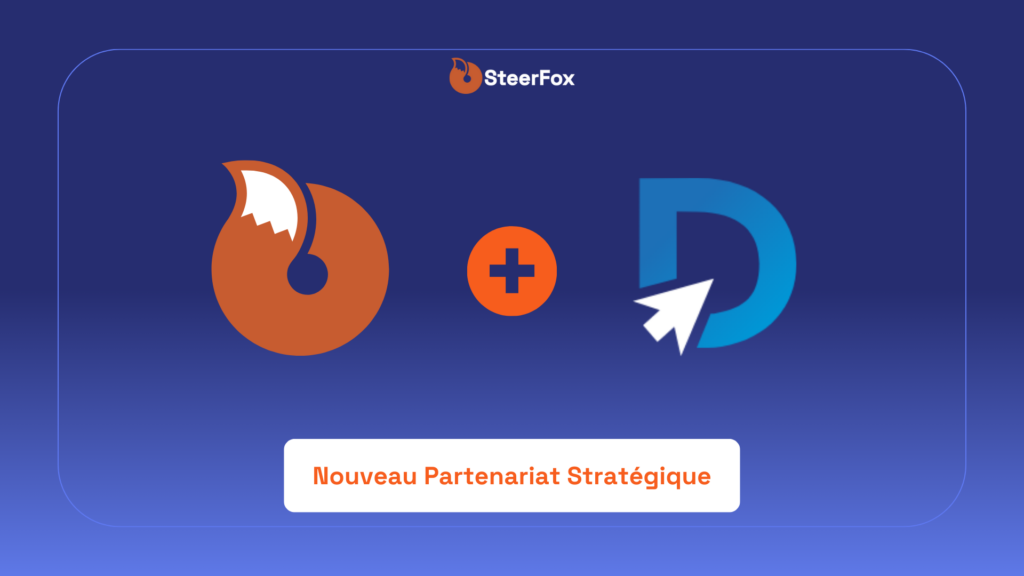 Visuel mettant en avant le partenariat stratégique entre SteerFox et DayinDay, avec les logos des deux entreprises et un titre indiquant "Nouveau Partenariat Stratégique".