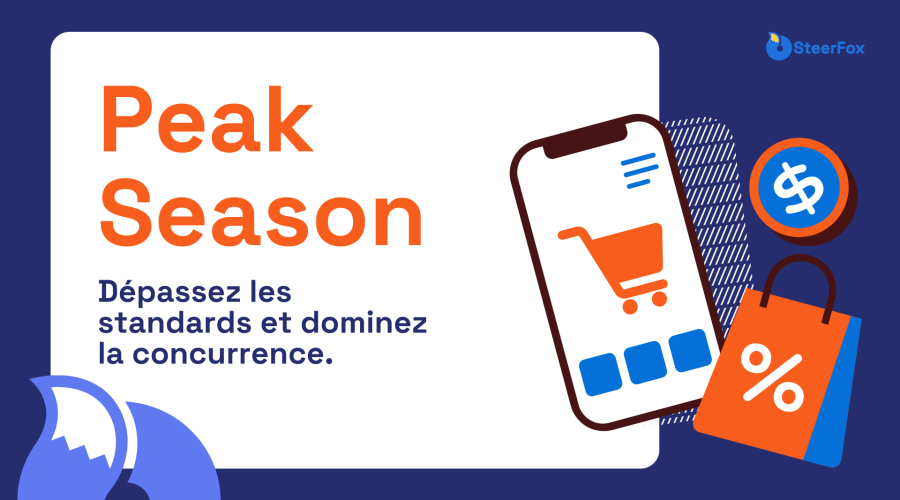 Illustration promotionnelle pour la Peak Season avec le message 'Dépassez les standards et dominez la concurrence'. L'image présente un chariot d'achat sur un smartphone, un sac de shopping avec un pourcentage de réduction, ainsi qu'une icône de pièce de monnaie. Contexte visuel en orange, représentant des solutions pour optimiser les performances durant la Peak Season, notamment pour les e-commerçants.